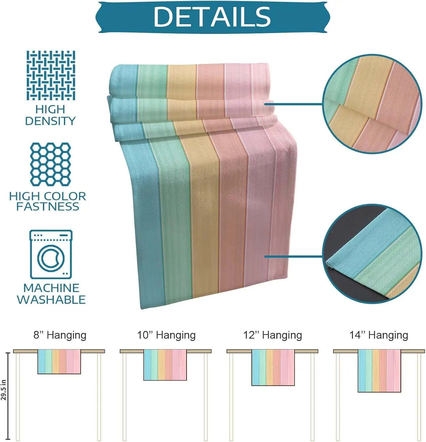 Ensemble de serviettes de bain à rayures colorées avec informations sur la densité élevée, la solidité des couleurs et le lavage en machine.