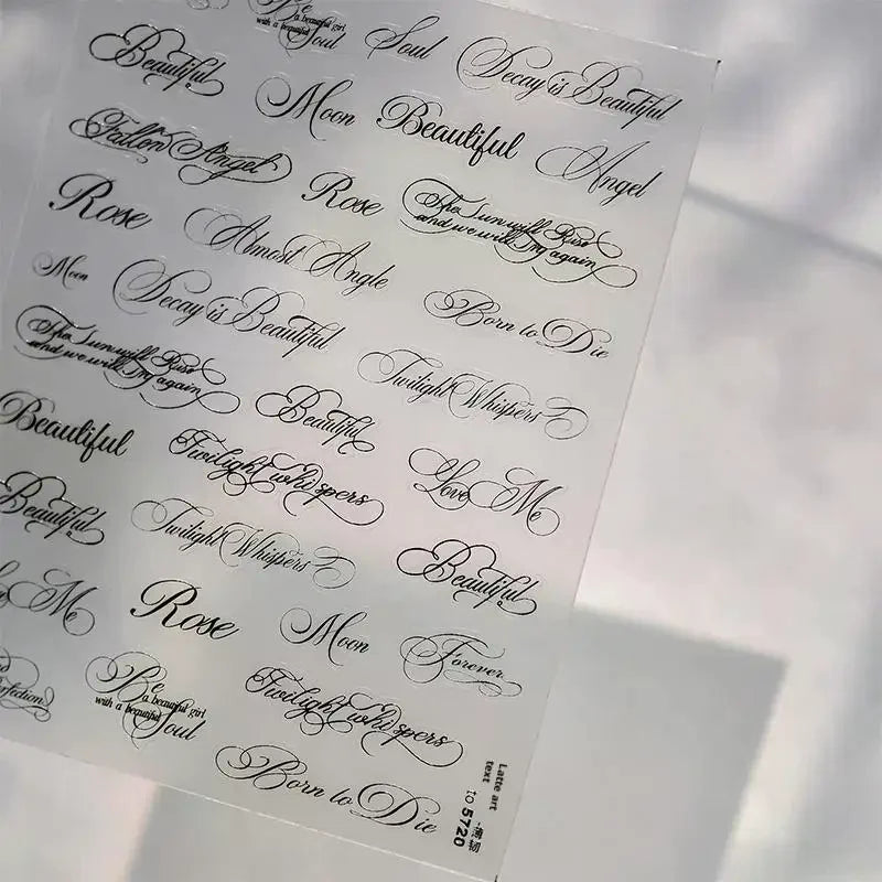 autocollants ongles transparents lettres noires calligraphie adhésif diy manucure ongles décoration beauté française écriture