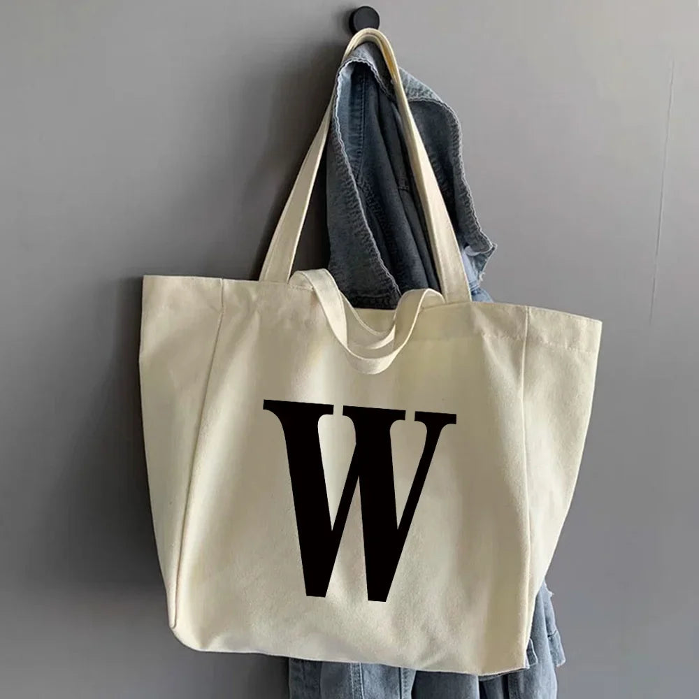 sac main femme toile beige clair lettre noire poignées détachables