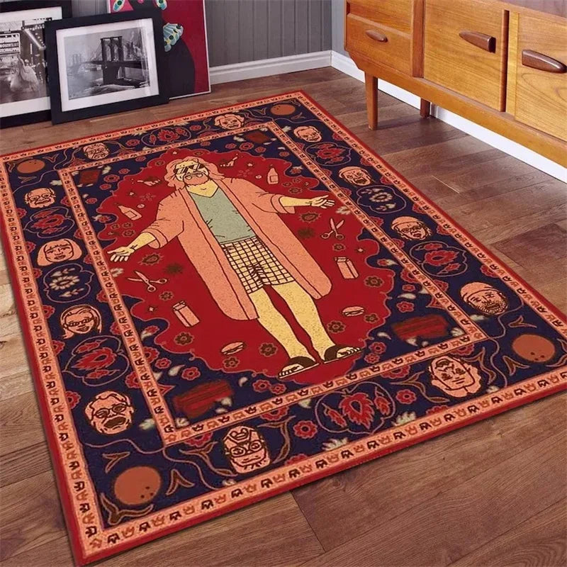 tapis oriental illustration personnage rouge bleu beige noir artisanal bordure visages sol antidérapant moderne