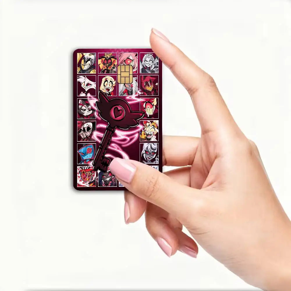 autocollant carte bancaire hazbin personnages dessin animé bleu violet rouge pop art