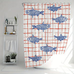 rideau douche moderne poissons bleus carreaux rouges polyester blancs 180x120cm transparent anneaux métalliques