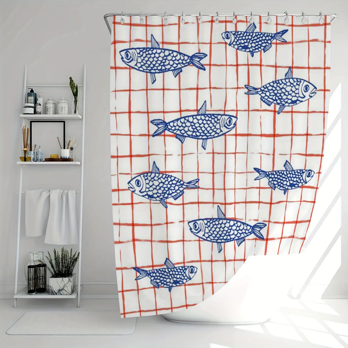 rideau douche moderne poissons bleus carreaux rouges polyester blancs 180x120cm transparent anneaux métalliques