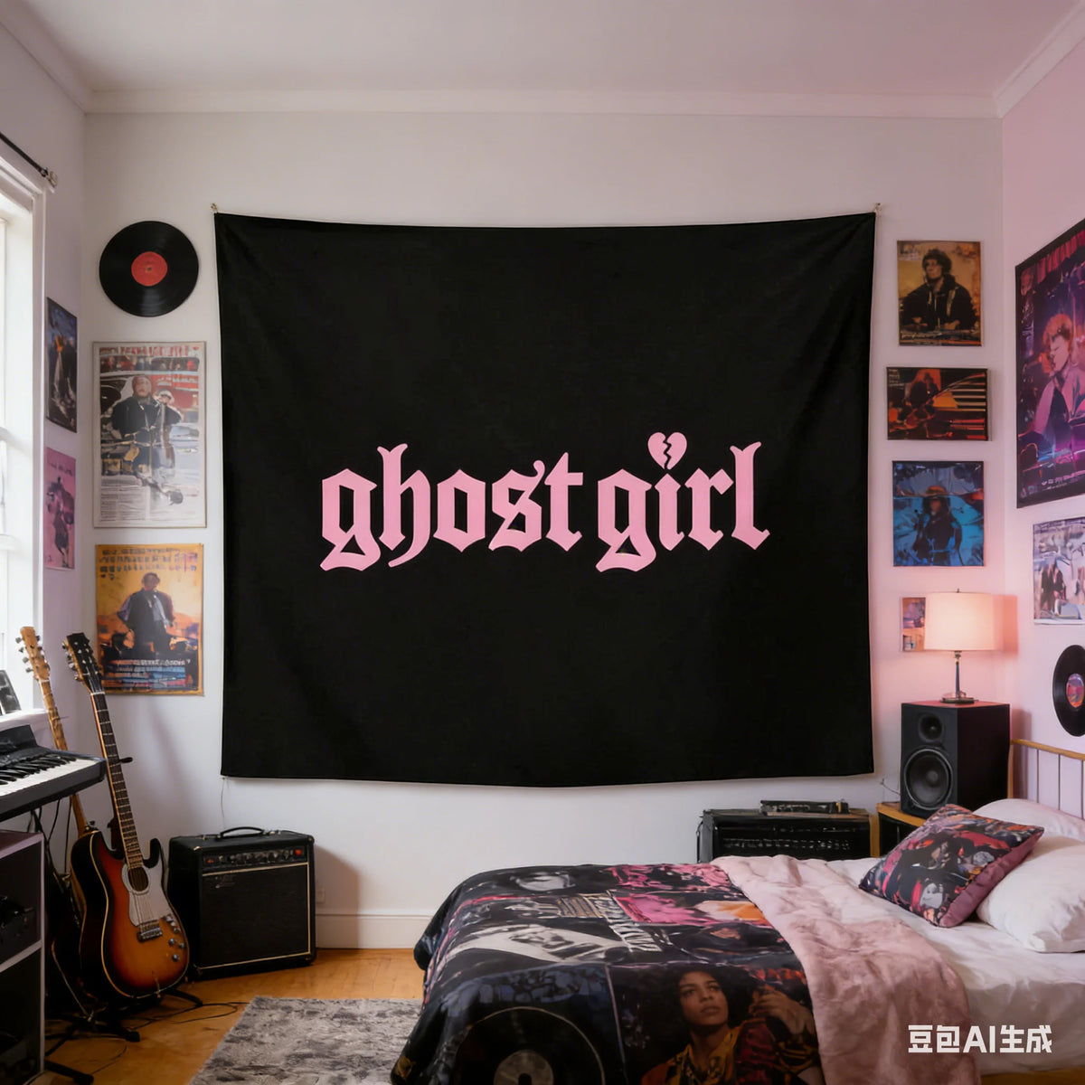 tapisserie murale moderne ghost girl noir rose décoration intérieure salon chambre tissage imprimé polyestère