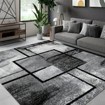 tapis géométrique moderne gris noir blanc résistant saleté facile entretenir salon chambre decoration extérieur