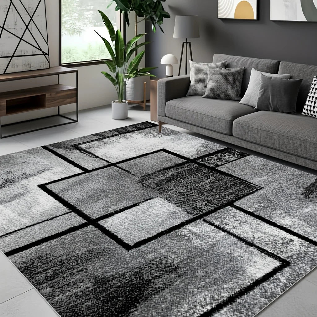 tapis géométrique moderne gris noir blanc résistant saleté facile entretenir salon chambre decoration extérieur
