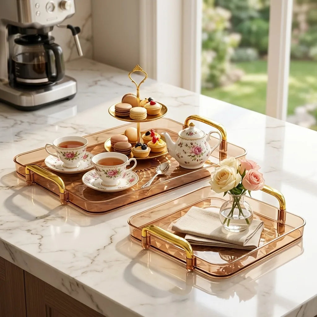 plateau service moderne élégant poignées couleur dorée texture géométrique transparent thé desserts collations buffet