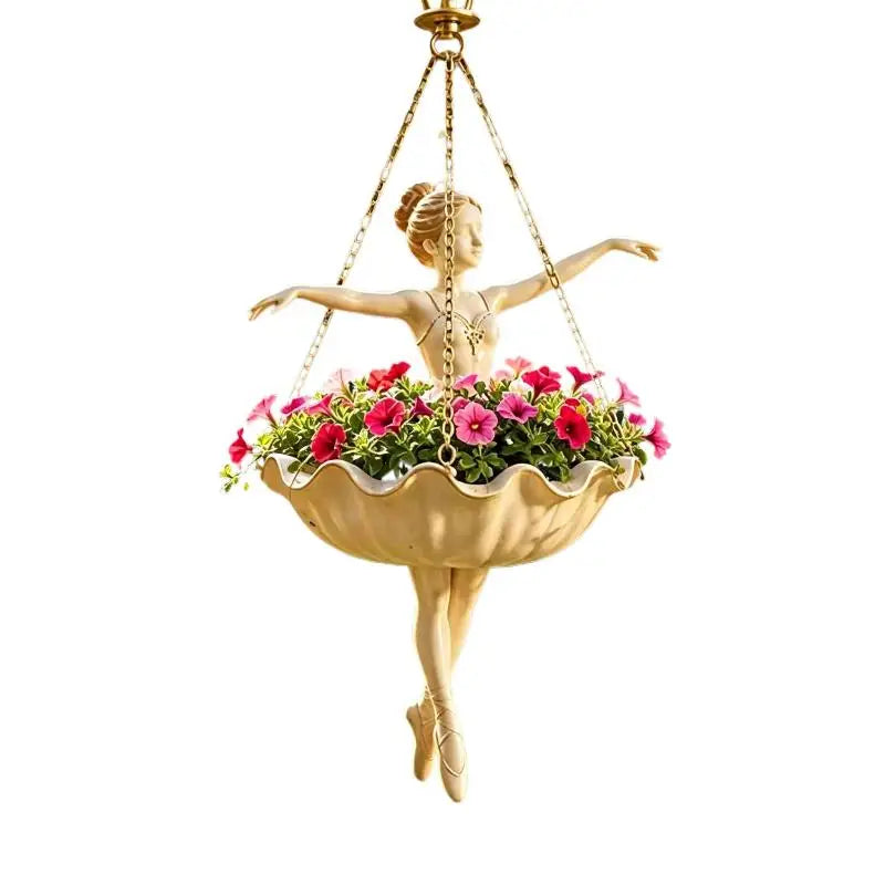 cache pot suspendu sculpture ballerine dansante beige doré chaînes métalliques art décoratif plantes vertes
