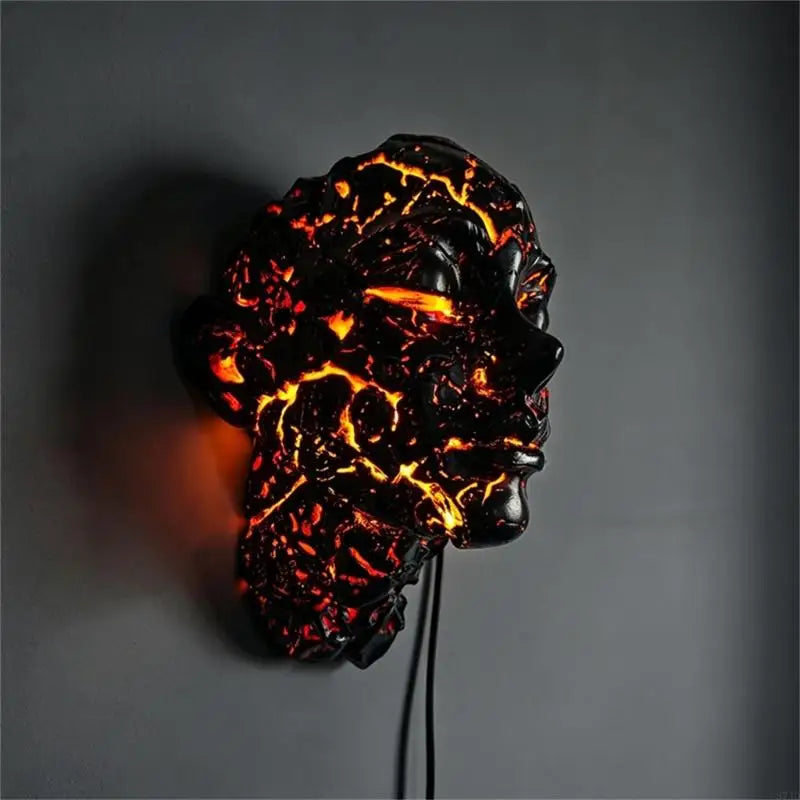 masque sculptural noir rouge texture magma lave art contemporain halloween décoration murale led usb