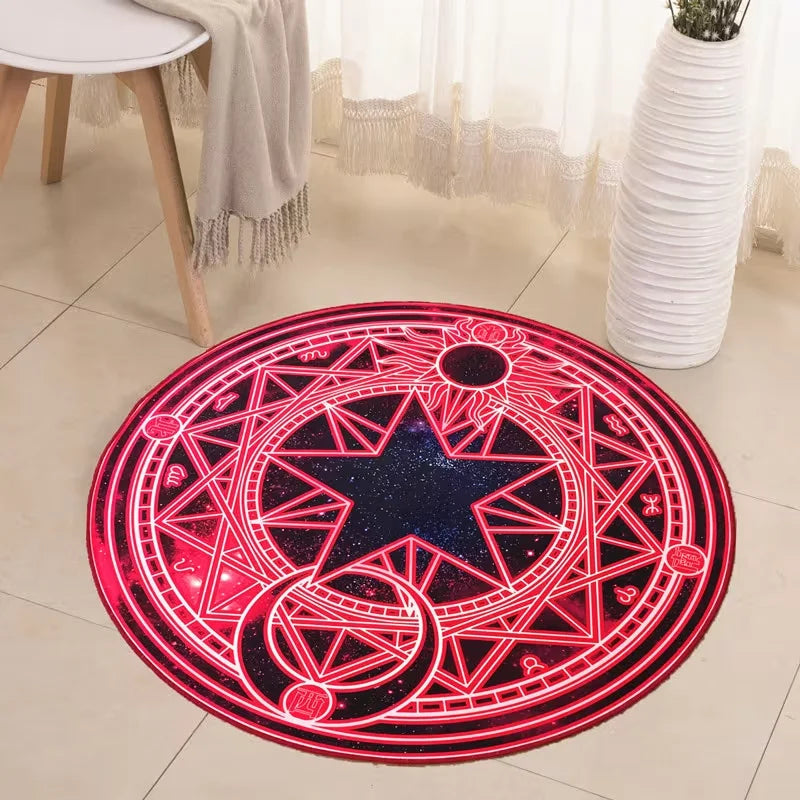 tapis rond moderne symboles astrologiques motifs floraux rouge noir rose bleu chambre salon decoration