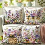 housse coussin fleurs papillons guirlande motif vintage blanc violet rose jaune vert zipper closure