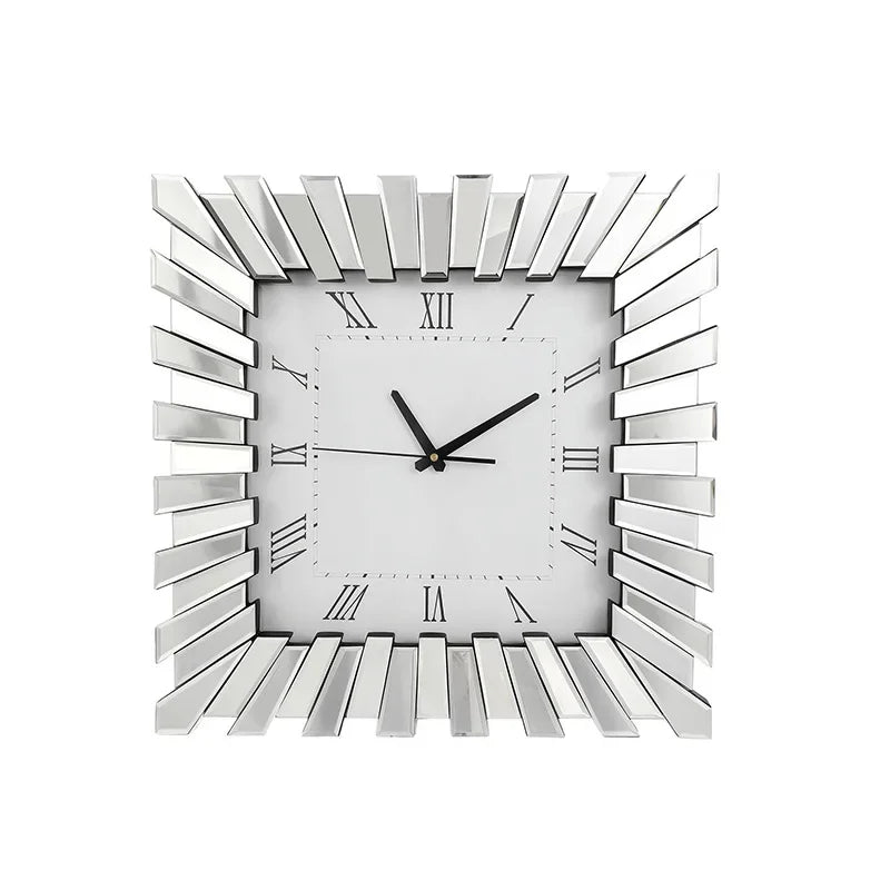 horloge murale moderne aiguilles noires cadre miroir transparent salon élégant glamour fixations
