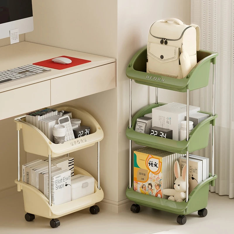 chariot rangement roulant stockage livres sacs dos organisation maison moderne vert rouge beige