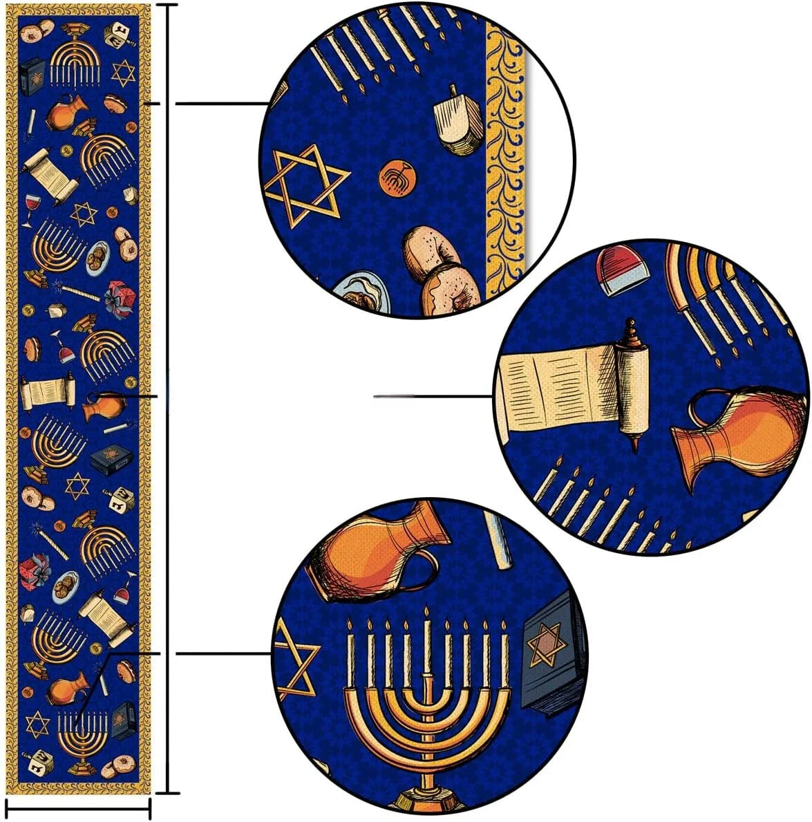 Éléments symboliques liés à la célébration juive, tels que la ménorah, le rouleau de Torah et le symbole de l'étoile de David, sur un fond bleu profond avec des ornements dorés.