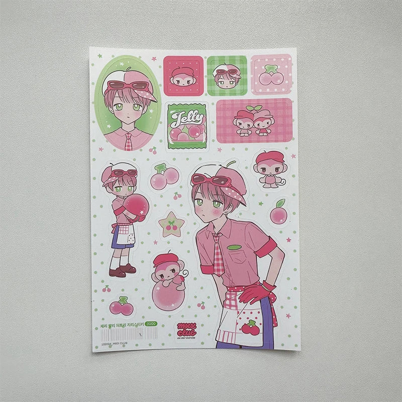 autocollants kawaii personnages dessins animés fruits coeurs notes musicales couleur rose blanc vert bleu
