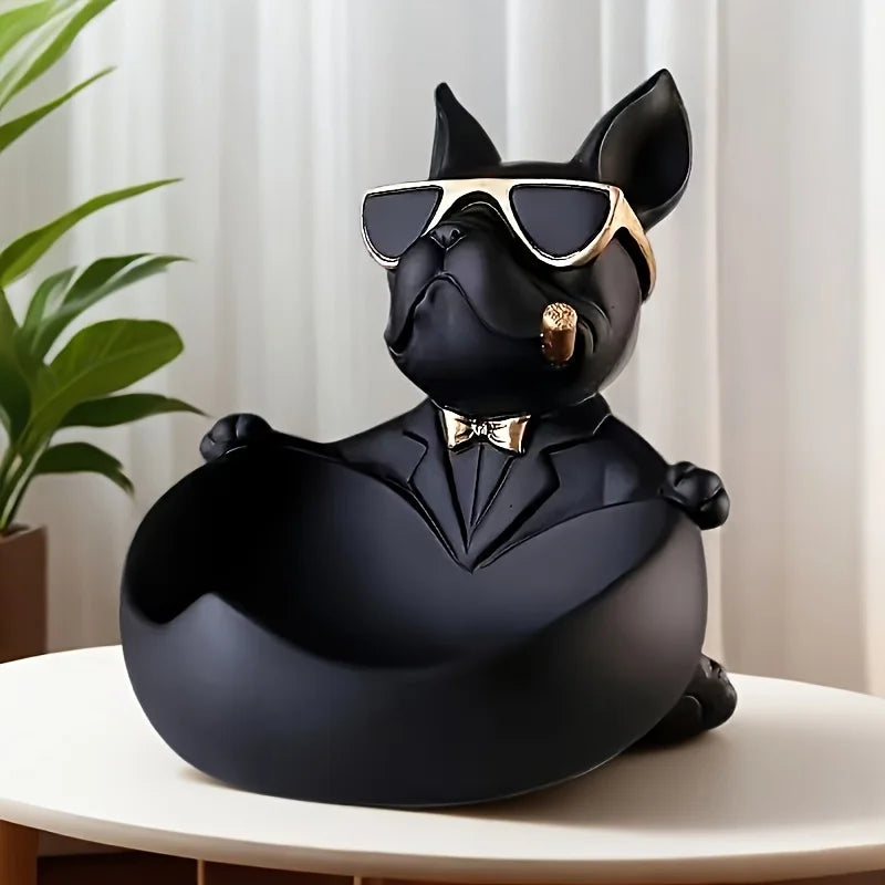 statue bulldog noir résine lunettes cravate cigare décoration humoristique maison moderne