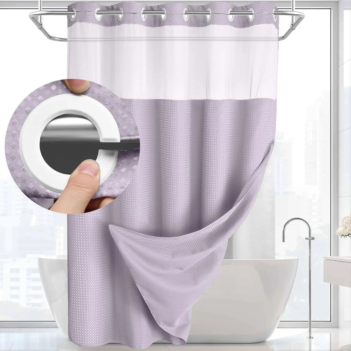 rideau douche moderne gris vert blanc tissé points transparent waterproof anneaux 72x74inch