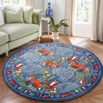 tapis rond moderne renards forêt feuilles fleurs bleu orange vert chambre enfant salon