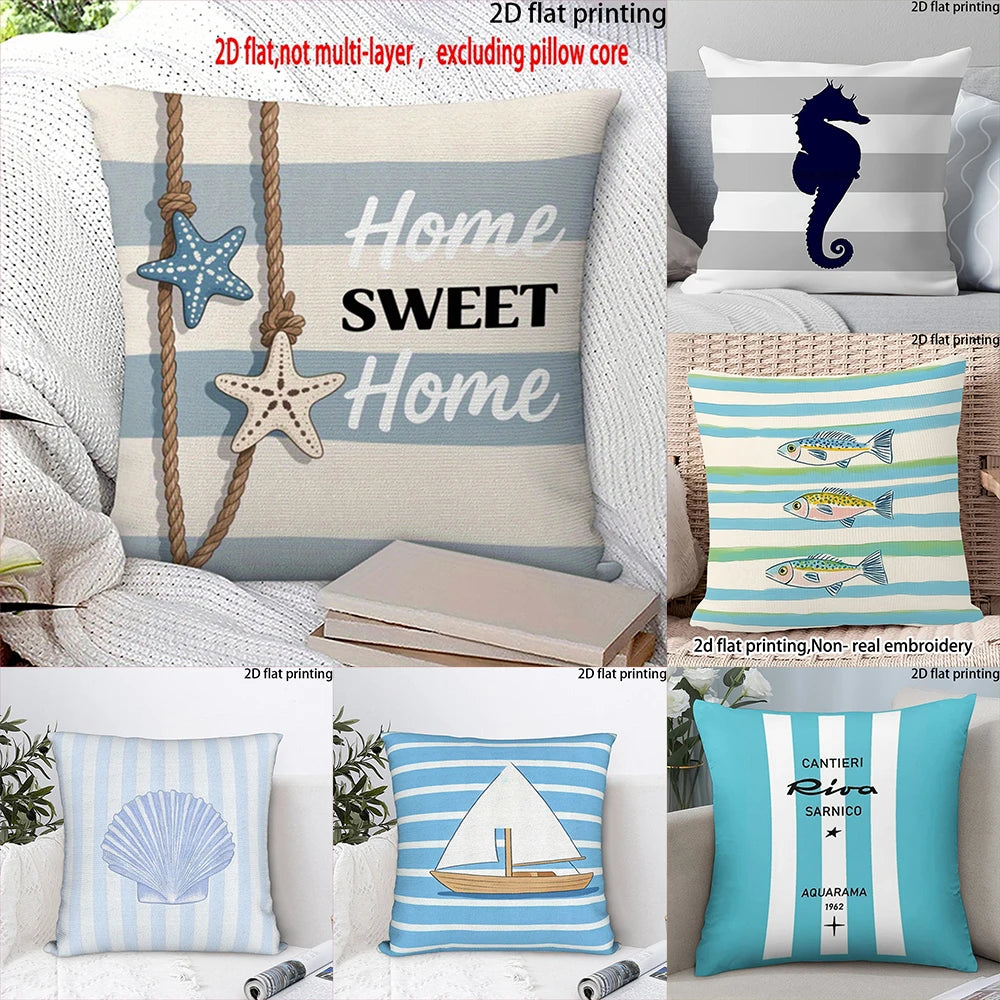 housses coussins carrés bleu clair rayures horizontales polyester peachskin 40x40cm 45x45cm 50x50cm 60x60cm