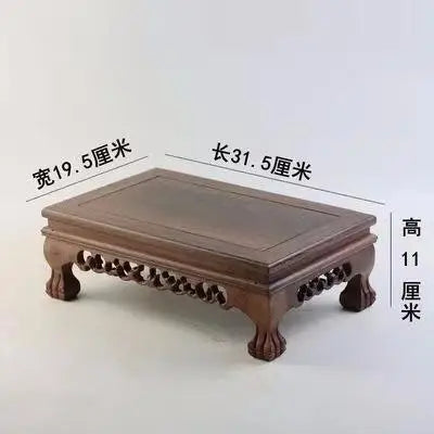 présentoir bois sculpté marron motifs complexes reliefs plantes bonsaï vases fleurs théière tasses déco