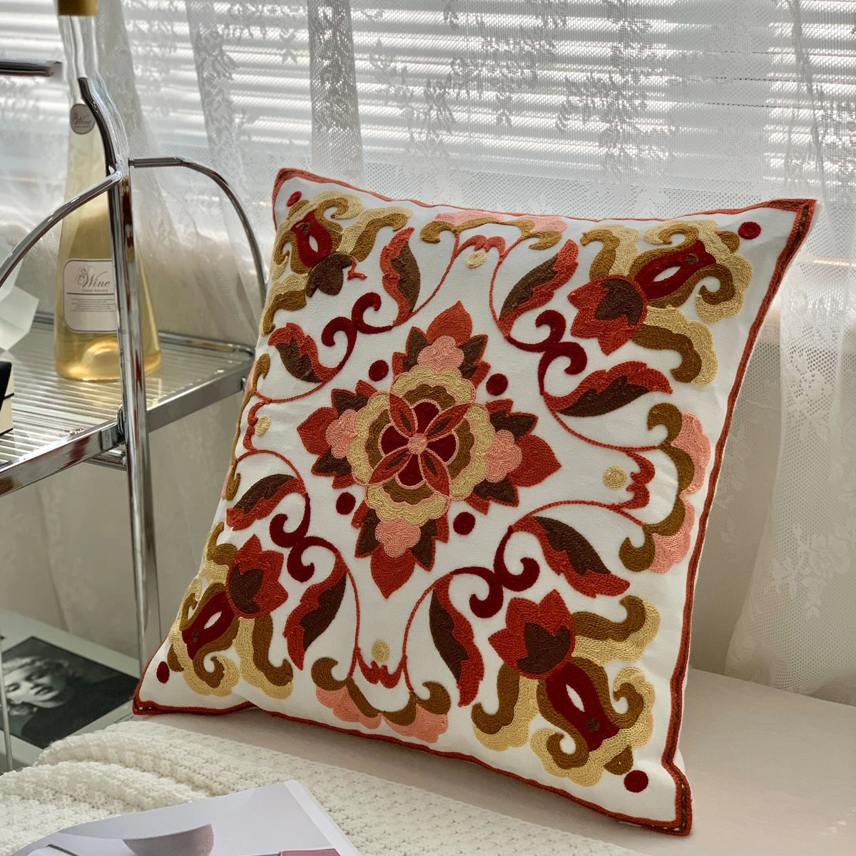 taies d'oreiller coton polyester ethnique floral brodées couleurs vives motifs géométriques coussins deco 45x45cm