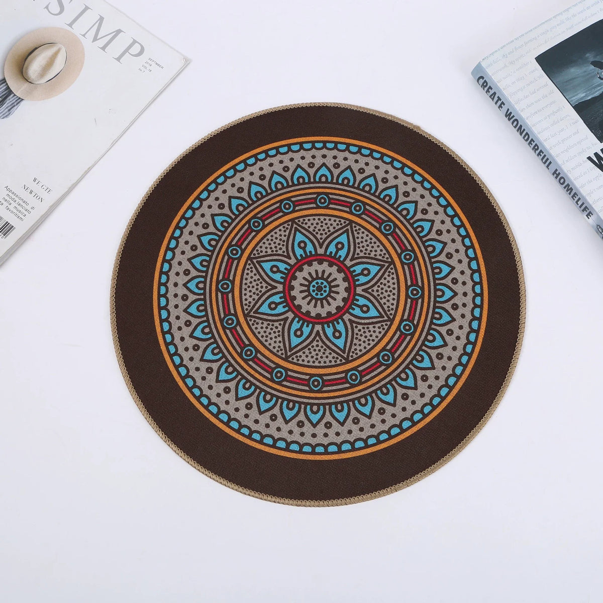 tapis table rond mandala boho chic bleu marine beige tissé imperméable résistant chaleur