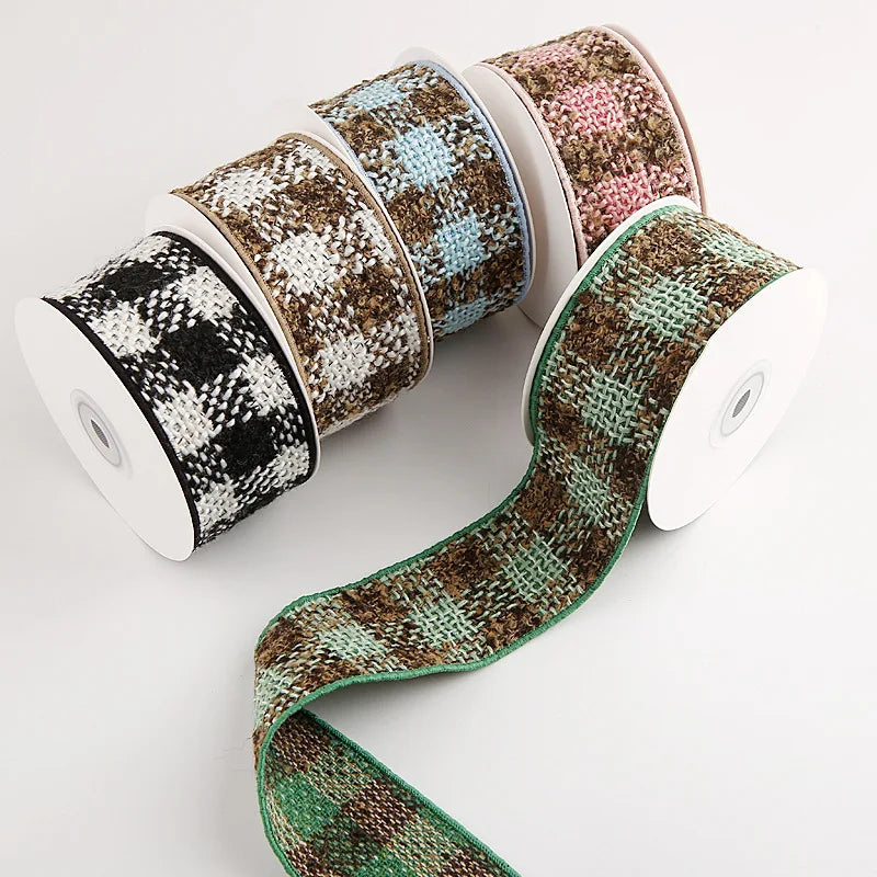 ruban carreaux polyestère noir blanc marron vert rose bleu clair tissé rustique double face