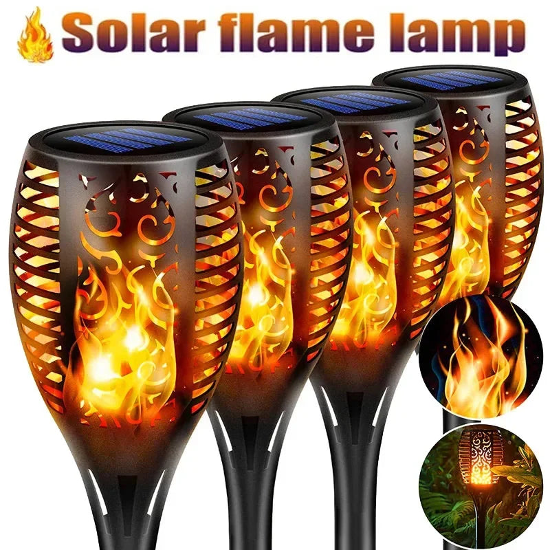 lampe torche solaire moderne noire orange jaune flamme ajourée extérieure patio jardin