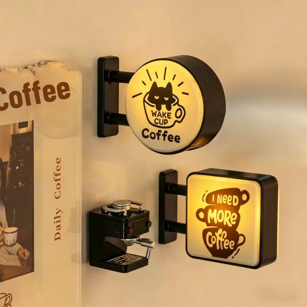 plaque lumineuse aimantée tasse chat texte humoristique vintage need more coffee wake cup blanc