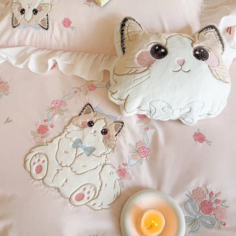 ensemble literie rose broderies chats fleurs ultra doux drap oreillers romantique