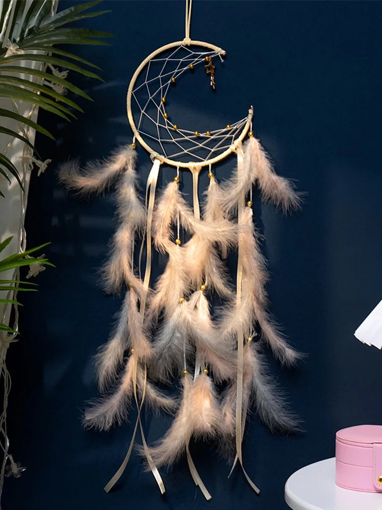 attrape rêves plumes lune boho rose bleu blanc décoratif chambre fil suspendu