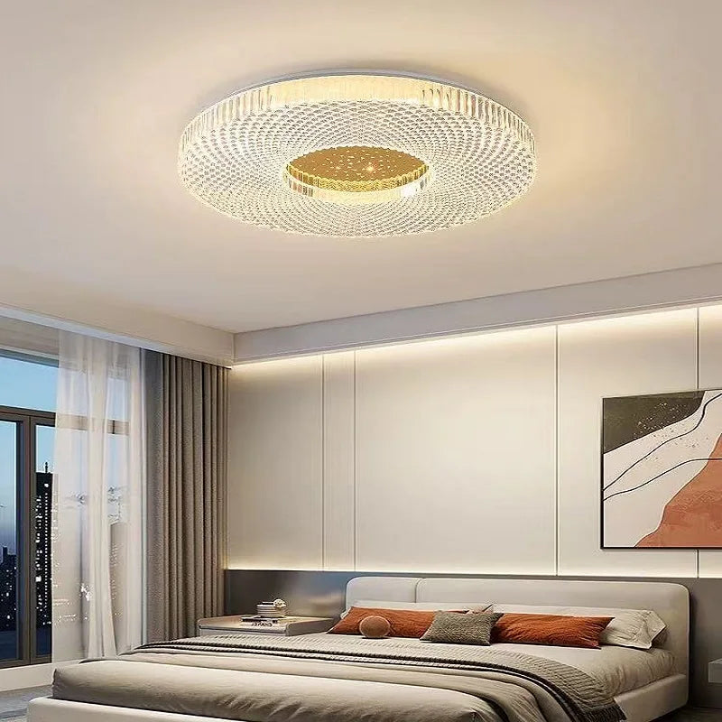 plafonnier moderne acrylique blanc doré concentrique 40cm led fixe chambre salon