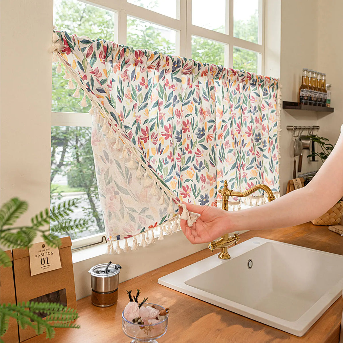 rideau bohème floral transparent blanc cassé fenêtre cuisine 140x60cm tringle rideau