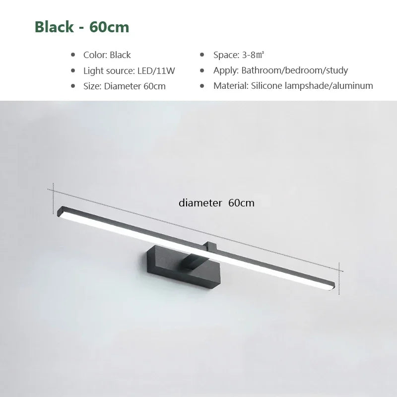 lampe miroir moderne noir fixée mur éclairage led tricolore 60cm 80cm 100cm