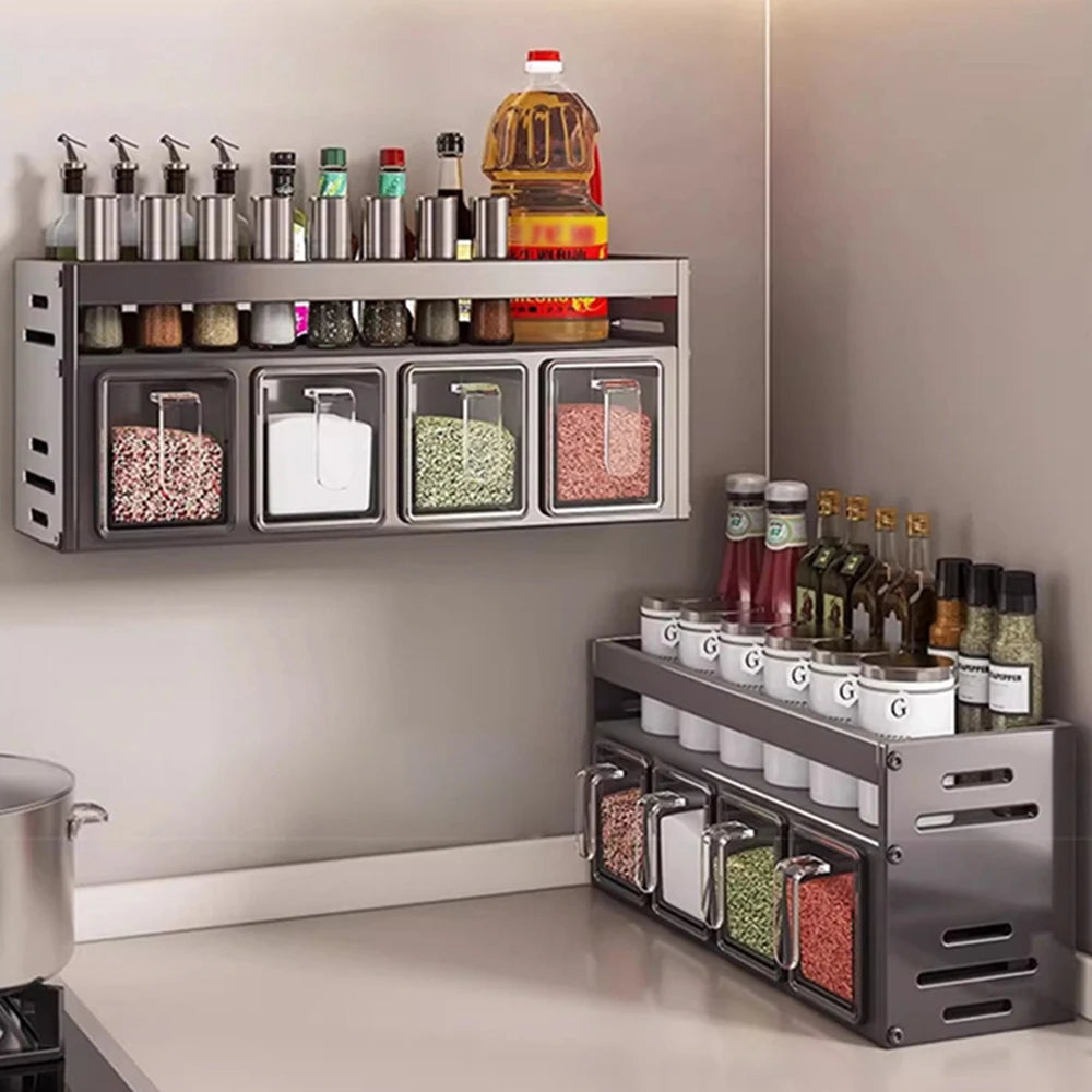 rangement condiments gris transparent moderne acier brillant fixations murales conteneurs couvercles multifonctionnels