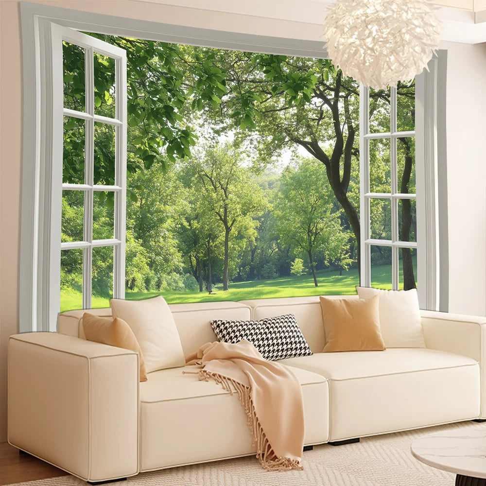 sticker mural paysage arbres moderne blanc vert beige adhésif salon chambre