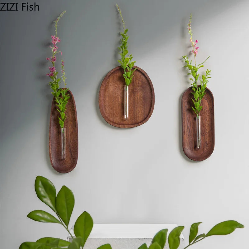 vase mural bois moderne suspension fleurs plantes décoration intérieure naturelle minimaliste transparent
