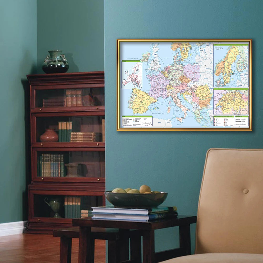 carte europe détaillée classique couleurs vives cadre doré noirintérieur décoration géographique éducative