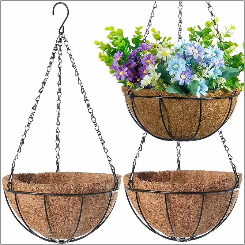 panier suspendu marron clair coquille noix coco cadre fer noir classique rustique crochets métalliques