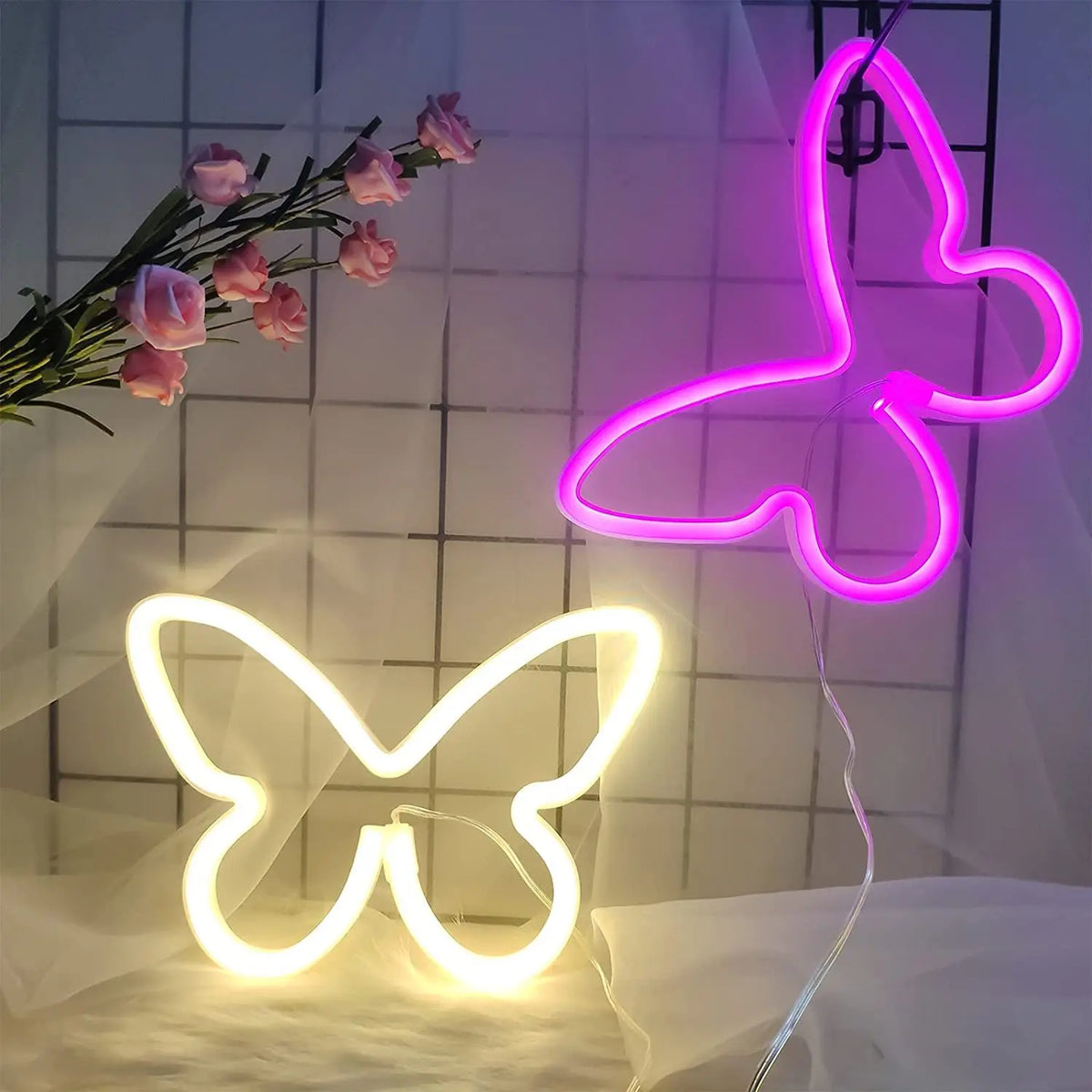 néons lumineux papillon cœur rose bleu violet blanc moderne décoration anniversaire noël mariage chambre
