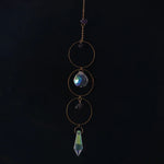 bijou pendentif cristal or bleu violet vert formes géométriques motifs oculaires translucides boho chic