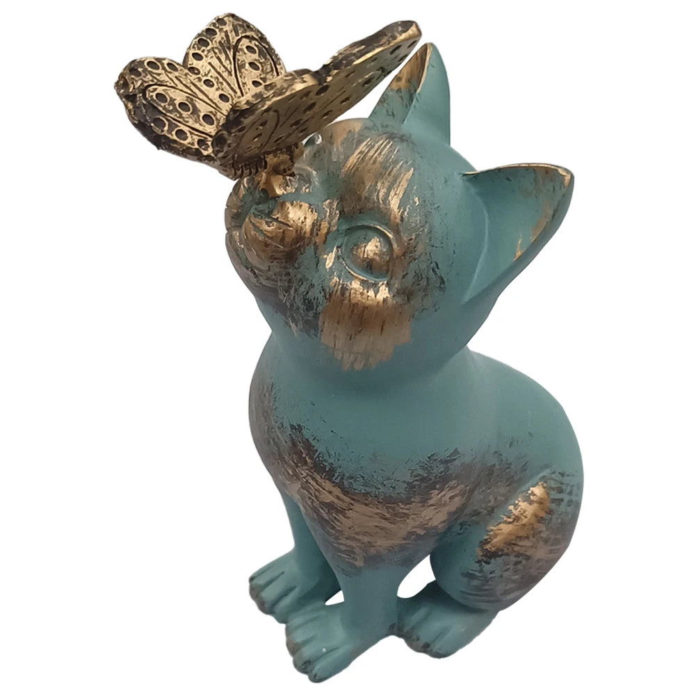statue chaton papillon résine bleu turquoise doré aspect vieilli patio jardin