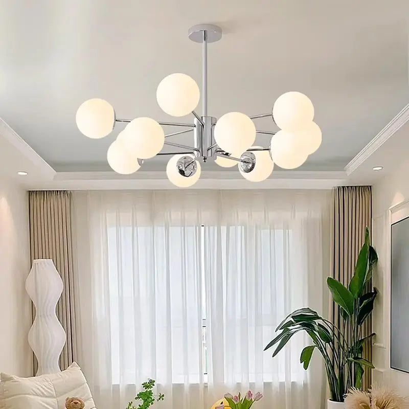 Suspension lumineuse moderne boules sphériques translucides structure chromée salon chambre coucher