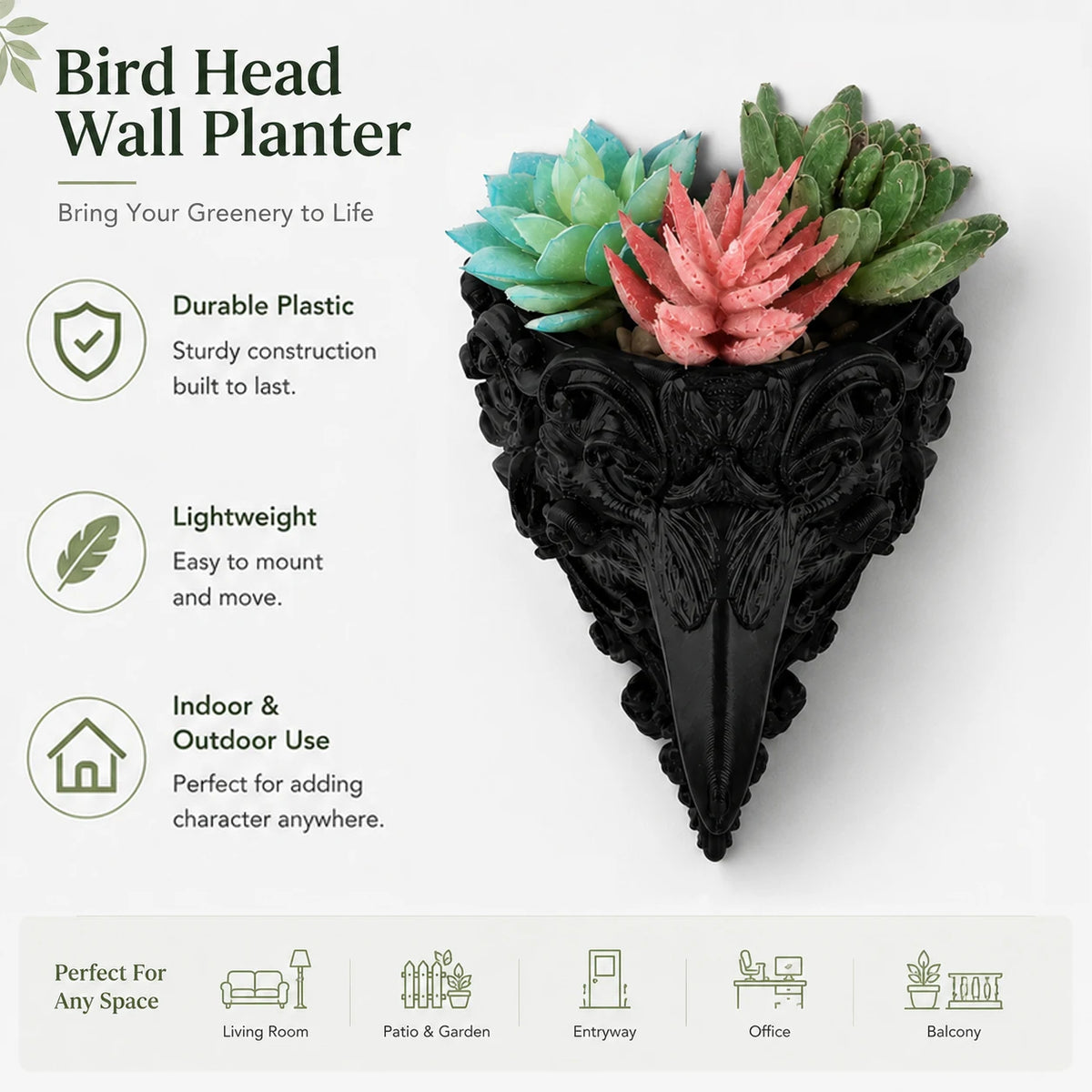 pot fleurs tête corbeau noir gothique sculpté succulentes décoration murale halloween vintage