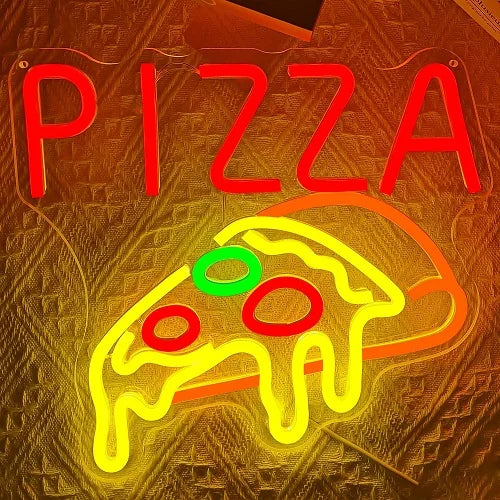 enseigne lumineuse pizza pizzaria lettres néon couleurs rouge jaune verte bleu blanc fromage fondu