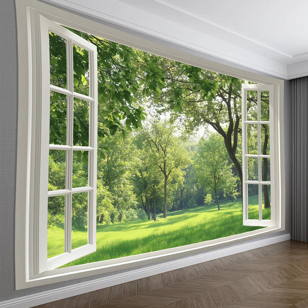 sticker mural paysage arbres moderne blanc vert beige adhésif salon chambre