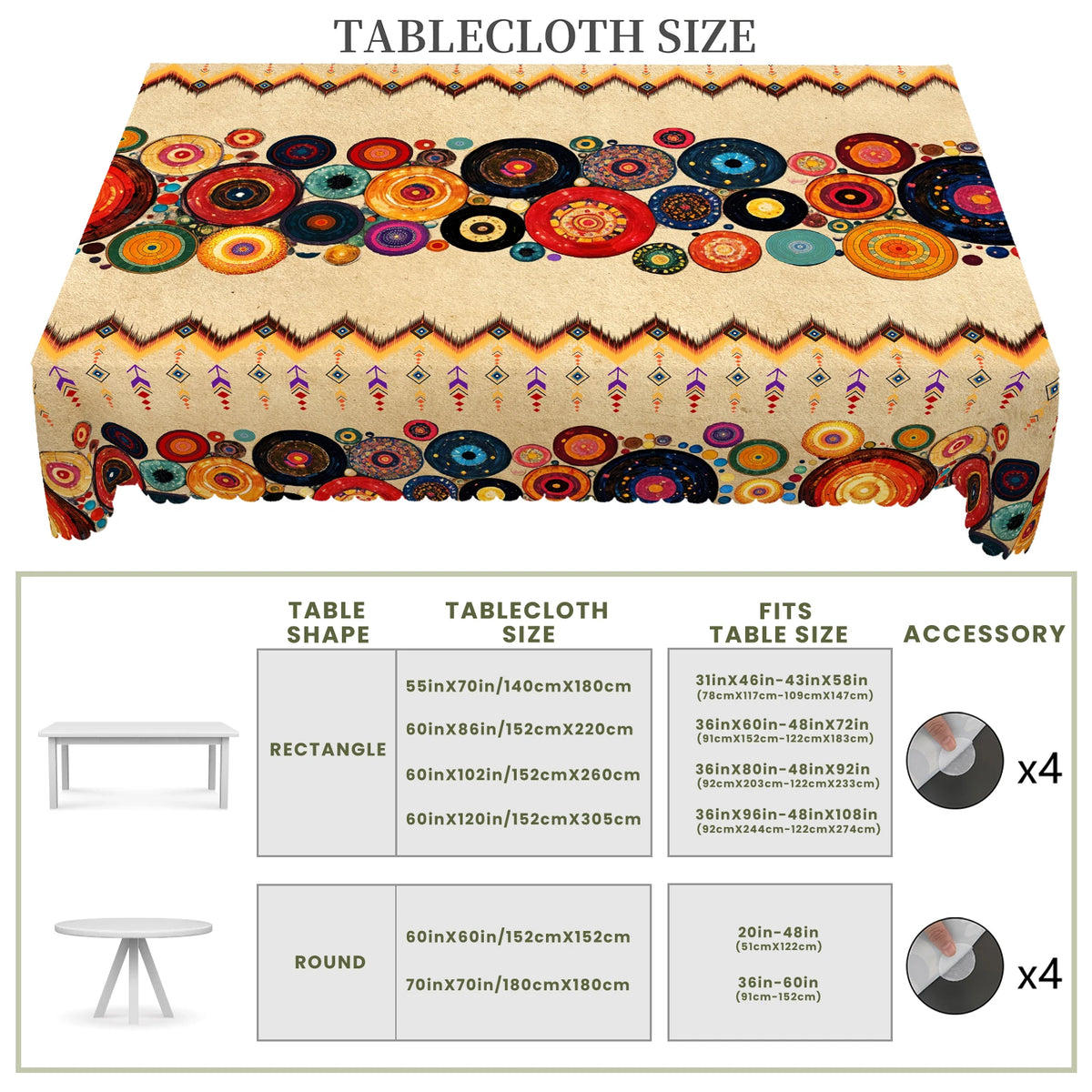 nappe boho chic ethnique motifs géométriques couleurs vives imperméable réutilisable machine clips tableextérieurintérieur