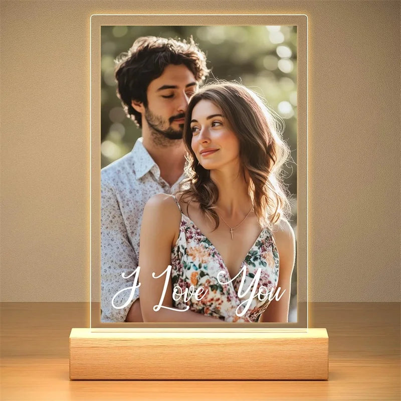 cadre photo lumineux acrylique personnalisé veilleuse led usb bois clair décoration chambre moderne