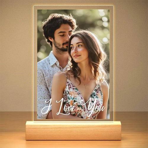 cadre photo lumineux acrylique personnalisé veilleuse led usb bois clair décoration chambre moderne