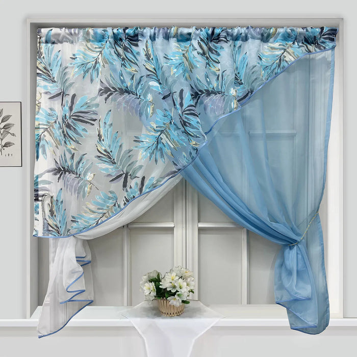 Rideau court double couche tulle motif feuilles pastorales bleu blanc